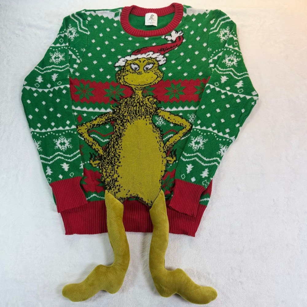 Dr. Seuss The Grinch Ugly Christmas Sweater 3D Plush Legs Green Red S